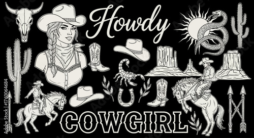 A curated collection of hand-drawn Wild West icons featuring a vintage cowgirl, rodeo horse, and American desert symbols