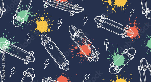 Energetic seamless illustration of outlined skateboards with vibrant ink splatters and lightning doodles for a youthful design