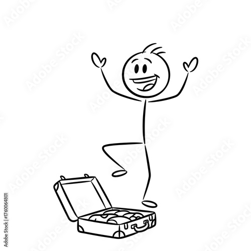Stick figure celebrating with suitcase open, concept of tourism, travel  