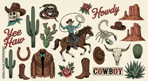 A comprehensive set of vintage Wild West vector illustrations, including classic cowboy culture symbols and desert elements for design projects