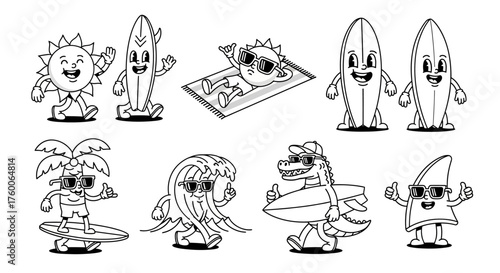 A fun collection of retro cartoon surfing characters including a sun, wave, shark, and alligator for summer beach designs