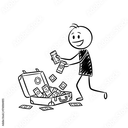 The stick figure smiles as he unpacks sweets and souvenirs from his suitcase at home.  