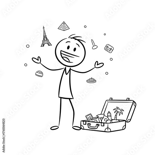 Stick figure smiling and unpacking souvenirs from suitcase after trip  