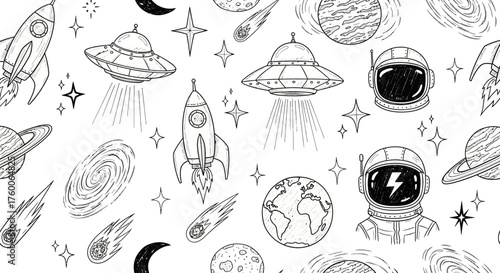 A hand-drawn seamless pattern of cosmic doodles featuring astronauts, rockets, planets, and UFOs exploring the universe in a sketchy black and white style