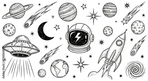 Collection of hand-drawn outer space doodles featuring an astronaut helmet, rocket, UFO, and planets in a vintage sketch style. johny (359)