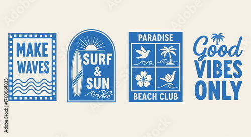 Collection of retro surf and sun badges for beach club branding. Blue and white graphic emblem set with summer vacation typography