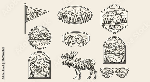 Mountain Adventure Emblem Collection 365, a set of minimalist line art logos for outdoor exploration and wilderness travel