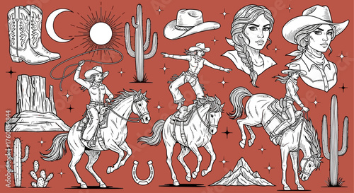 A collection of hand-drawn vintage western illustrations featuring cowgirls, rodeo horses, and desert elements
