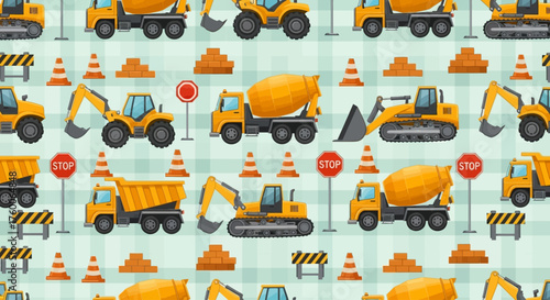 Seamless repeating pattern of yellow cartoon construction vehicles, including trucks, excavators, and mixers, on a striped background
