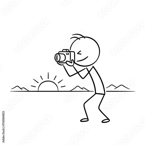 Stick figure photographer taking picture of sunset in nature  