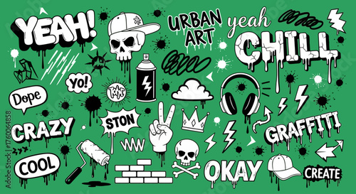 Dynamic collection of hand-drawn graffiti elements, featuring street art typography and urban culture icons johny (369)