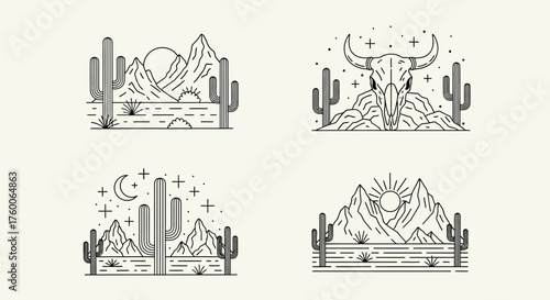 A collection of four minimalist line art illustrations depicting western desert scenes with saguaro cacti, mountains, and a bull skull