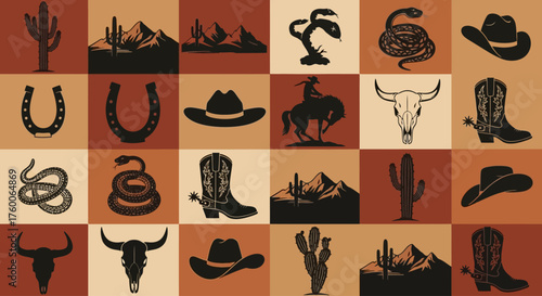 A diverse collection of classic American Wild West symbols featuring cowboy silhouettes, desert landscapes, and rustic icons in a vintage style