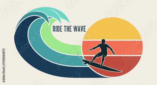 Retro surfing graphic with a surfer silhouette on a stylized ocean wave against a striped sunset, vintage summer sport emblem design johny (374)
