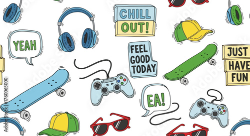 Seamless pattern of hand-drawn youth culture doodles with skateboards, gamepads, and fun slogans, capturing a cool urban vibe johny (420)