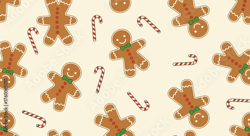 Cute gingerbread man and candy cane festive seamless pattern, a traditional Christmas holiday background illustration