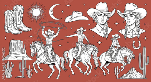 Vintage Wild West illustration set featuring rodeo cowgirls, horses, and desert landscape elements in a line art style