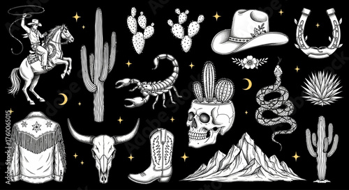 A detailed collection of Western-themed tattoo style art with a cowboy, longhorn skull, desert plants, and wildlife symbols