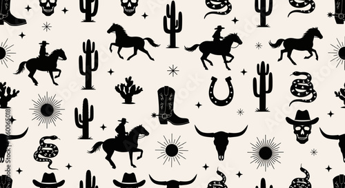 Vintage western seamless pattern of a cowboy adventure with horses, cacti, and desert symbols