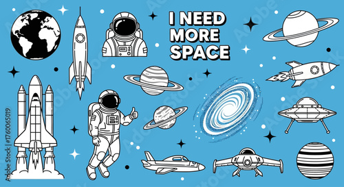 Monochrome vector set of cosmic exploration elements, featuring astronauts, rockets, and celestial objects in a line art style