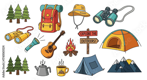 A vibrant collection of hand-drawn camping and hiking essentials for outdoor adventure and exploration johny (435)