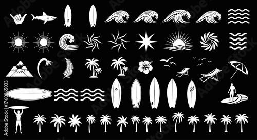 Collection of white summer beach and surfing icons on a black background. Vector set with surfboards, palm trees, waves, and sun symbols