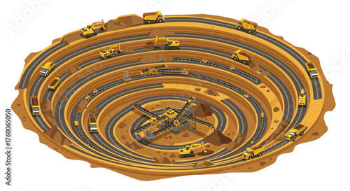 Modern isometric illustration of a vibrant open pit mine with heavy equipment transporting materials, perfect for illustrating construction or resource extraction