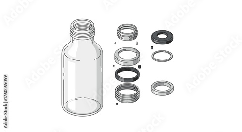 Isometric exploded view of transparent glass bottle with components