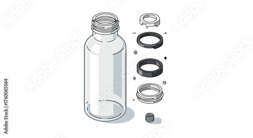Isometric exploded view of glass bottle components in detailed design