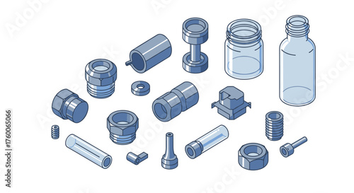 Isometric mechanical components with transparent glass bottle on white background