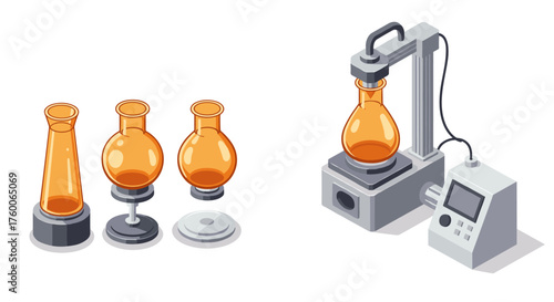 Isometric laboratory equipment with glass flasks and modern heating device