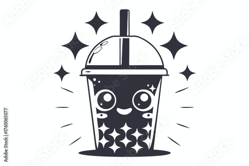Smiling kawaii cup with straw shines brightly among sparkling stars in monochrome style