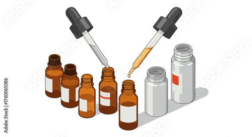 Isometric dropper bottles with liquid in amber and silver tones on white background
