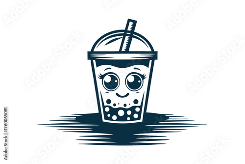 Monochrome cute beverage cup with straw shows a friendly smile and eyelashes on white