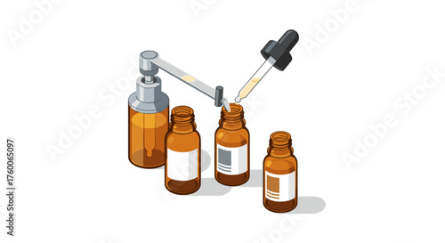 Isometric essential oil bottles with dropper and pump dispenser in modern style