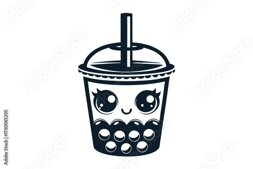 Smiling bubble tea with tapioca pearls showcases a cute, minimalist drink icon