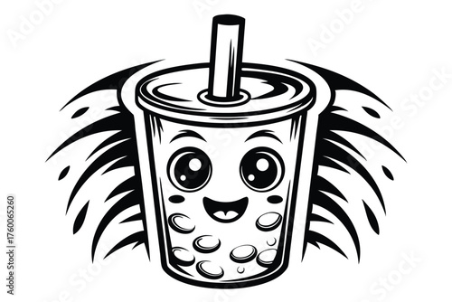 Smiling bubble tea cup with straw and circular boba has black accents