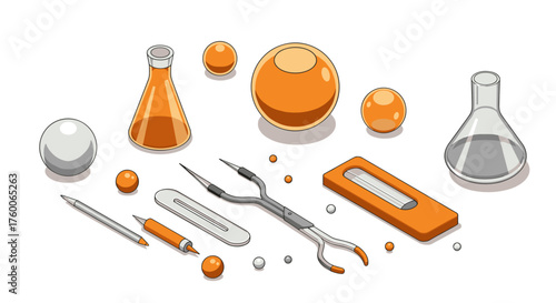 Scientific equipment and molecules in modern isometric style on white background