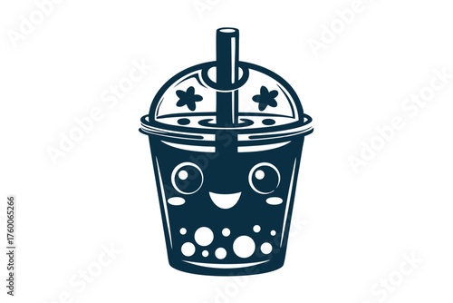 Monochromatic bubble tea character smiles with a straw and boba inside