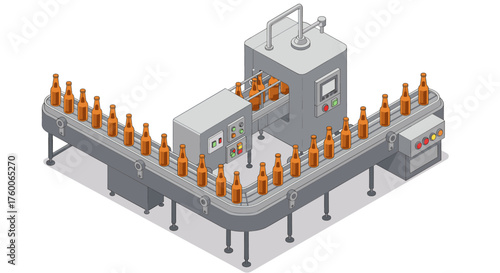 Isometric production line with conveyor and glass bottles in brewery factory