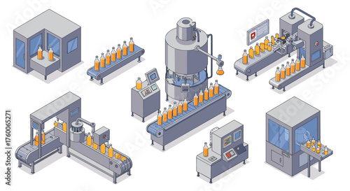 Isometric modern beverage production line with conveyor belts and machinery