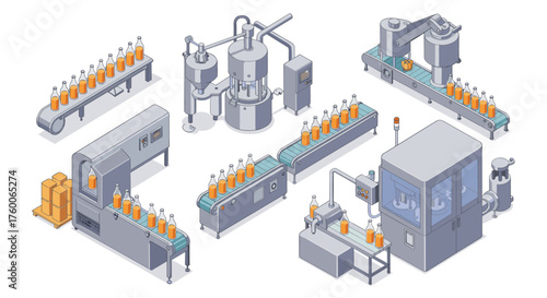 Modern isometric beverage production line with automated machinery and conveyors