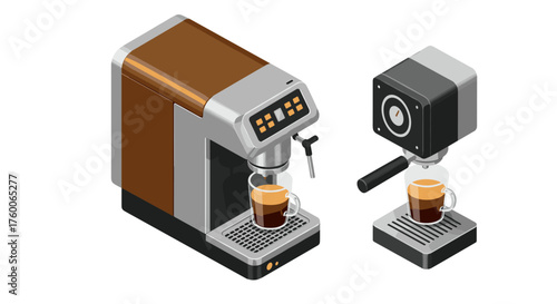 Isometric coffee machine with espresso cup and portafilter for kitchen design