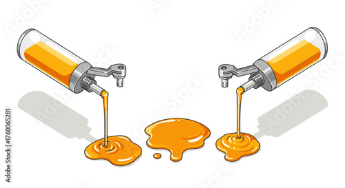 Dual syringes dripping liquid symmetrically in isometric style