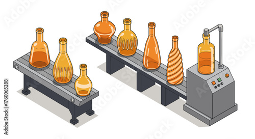 Glass bottle production process with isometric conveyor belt in factory setting