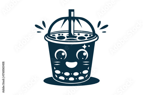 Smiling boba tea cup with straw and shining star in monotone style