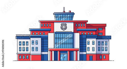 Modern police station illustration with clean lines and patriotic colors, perfect for law enforcement or civic design projects needing a professional touch
