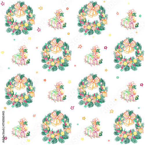 Hand-drawn Christmas wreath and gifts. Cute seamless pattern for packaging design, backgrounds, social media, and the web. Vector