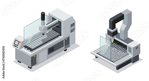 Isometric 3d cnc milling machines set with glass safety covers and control panels