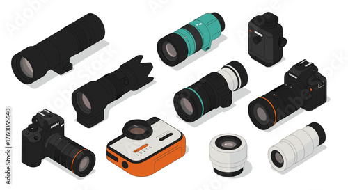 Isometric camera collection featuring dslrs, vintage, and modern lenses